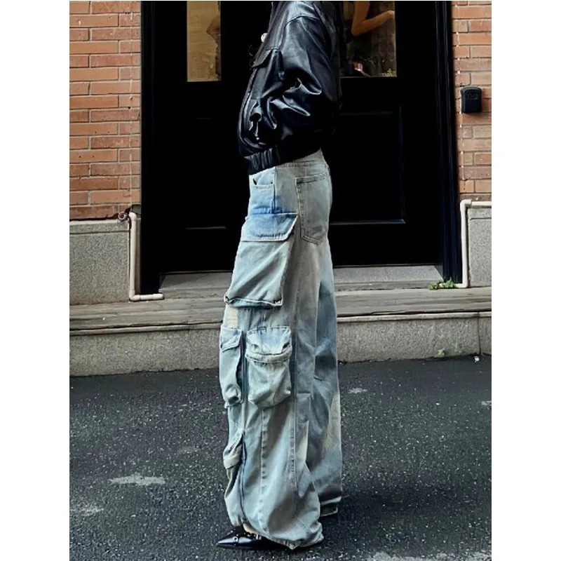 Womens Blue Cargo Jeans Baggy Vintage Y2k Denim Trouser 2000s Harajuku Wide Leg Cowboy Pants Trashy 90s Aesthetic Clothes 240806
