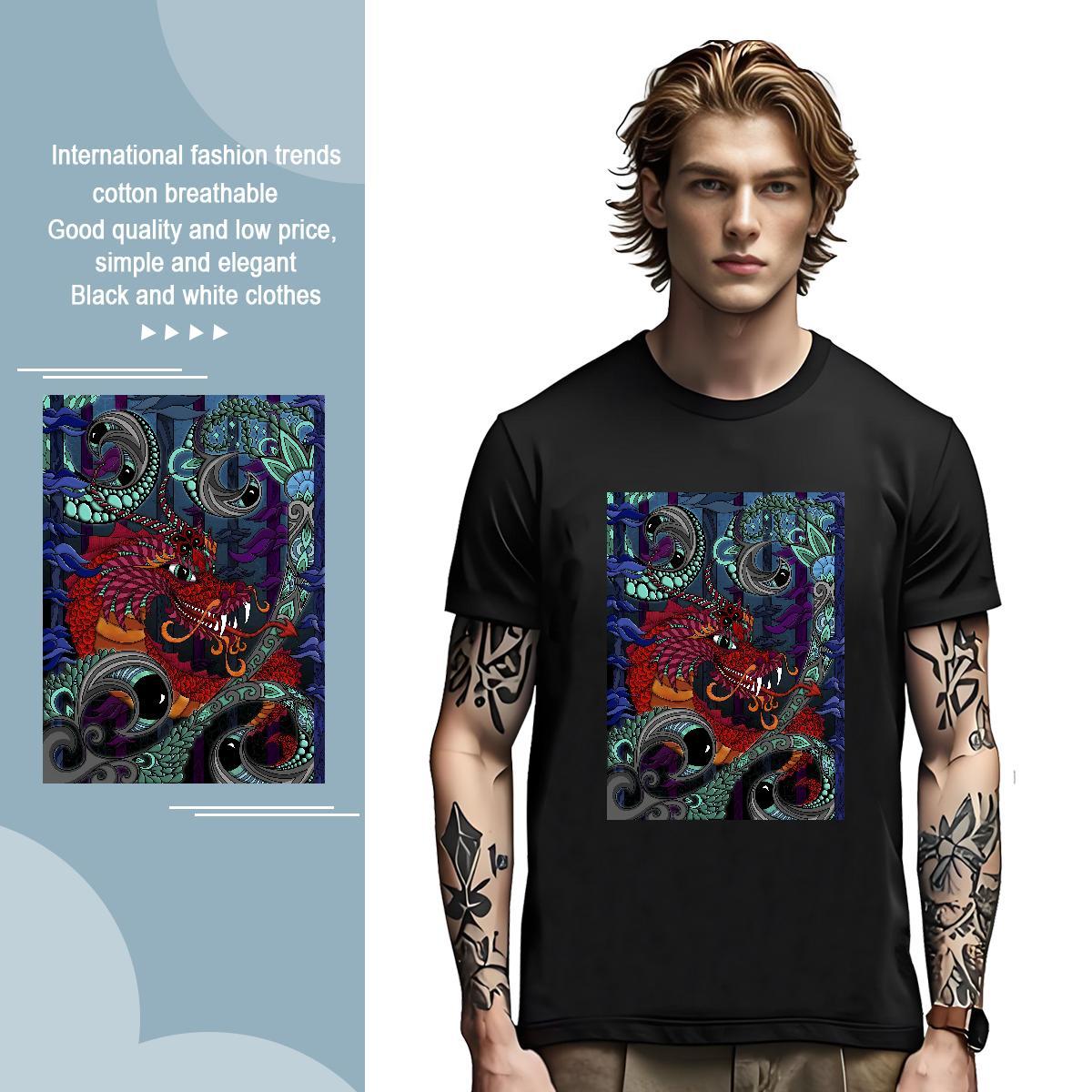 T-Shirts 230g Pure Cotton dragon Spring Summer Crew Neck Breathable Black Oversized Men Tees 2024 New Brand Top Tees