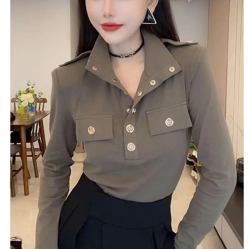 Trend Polo Neck T-shirt Top Spring and Autumn Solid Color Long Sleeve Button Patch Work Sexy Zipper Fashion Y2K Womens Wear 240827