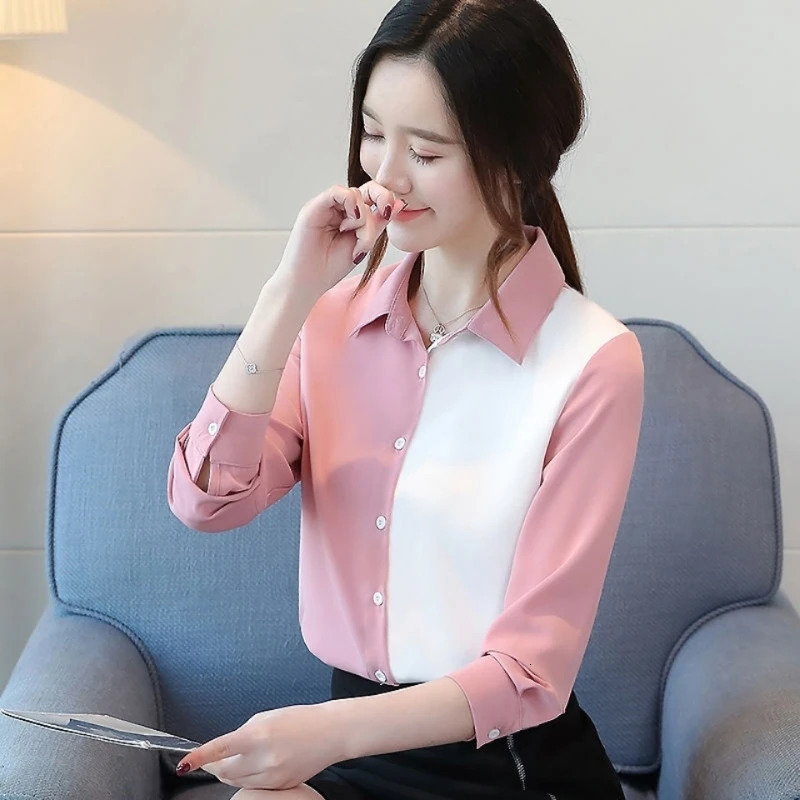 Womens Spring Autumn Korean Fashion Color-blocking Shirts Long-sleeved Bottoming Loose Chiffon Shirts Elegant Clothing 240806