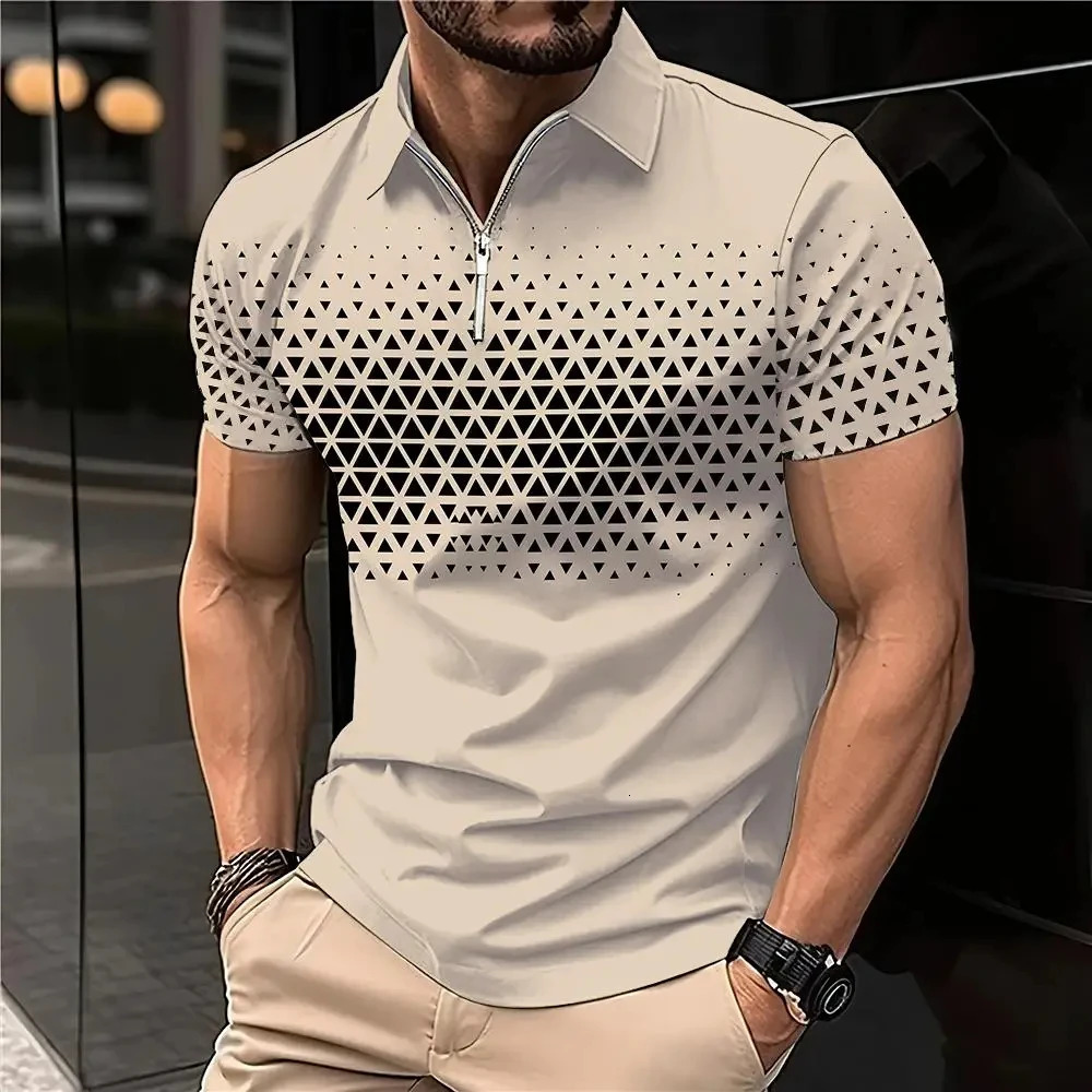 Summer Mens Polo Shirt Lapel Striped Short Sleeve Letter Printed Button T-Shirt Polo Fashion Top 240806