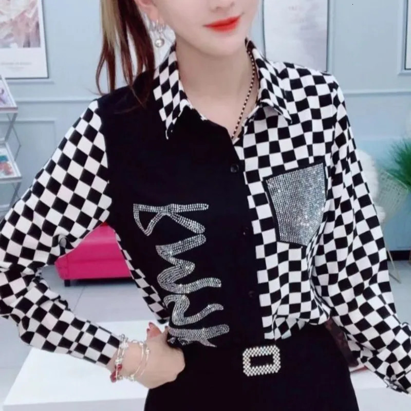 Temperament Autumn Womens Polo-Neck Plaid Striped Diamonds Patchwork Single Breasted Fashion Casual Long Sleeve Loose Shirt Top 240806