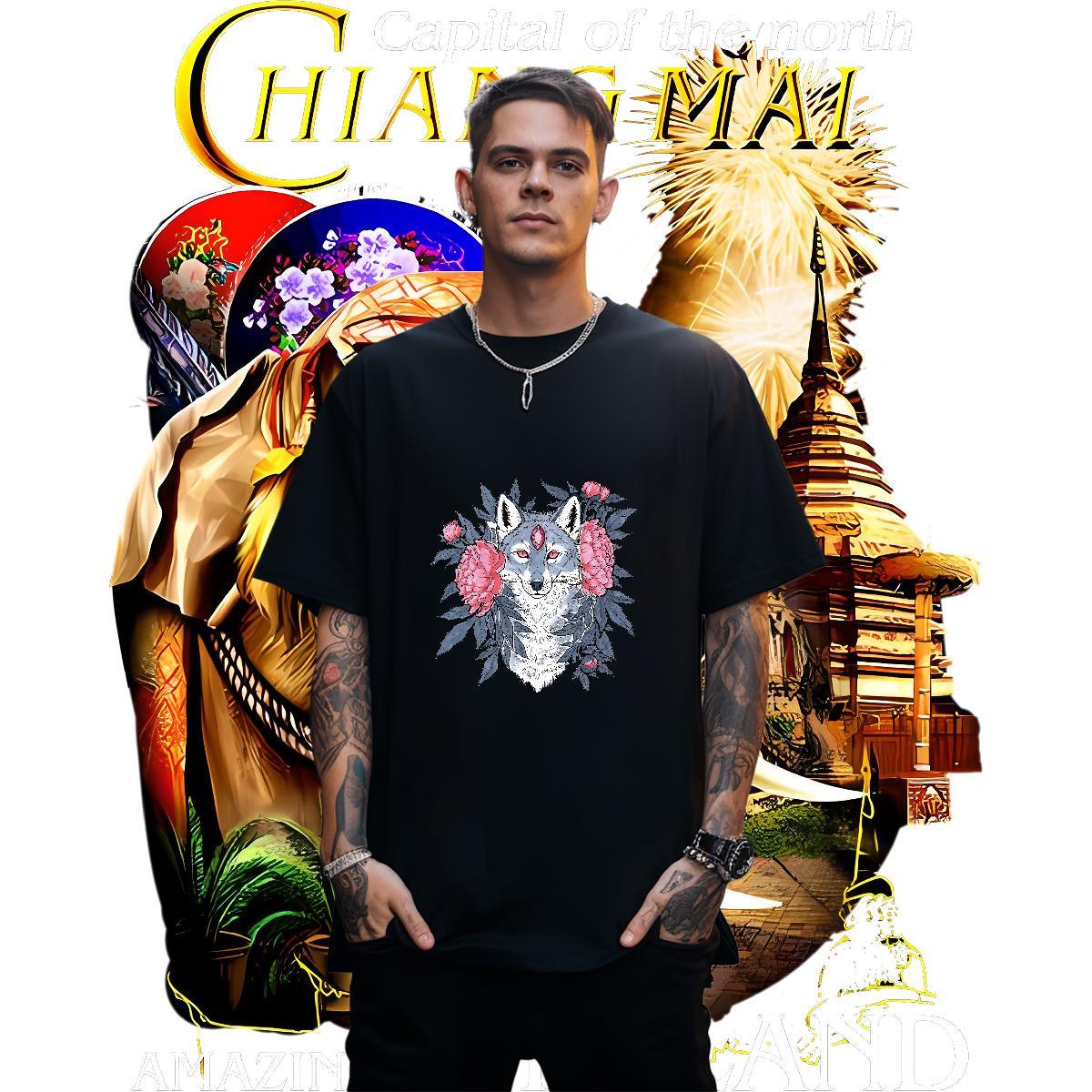 Brand Men Tees 230g Pure Cotton wolf T Shirt For Man High Street Hip Hop Breathable Short Sleeve Plus Size Custom Fashion Designer Tee Shirt