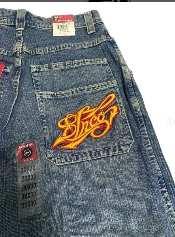 JNCO Street Jeans Y2K Harajuku Hip Hop Letter Embroidered Vintage Baggy Jeans Denim Pants Men Women High Waist Wide Trousers 240810
