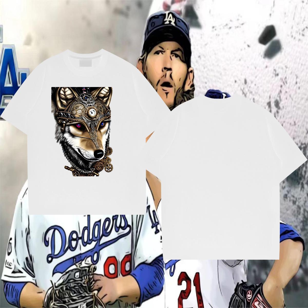 New Arrival T shirt 230g Cotton wolf High Street Hip Hop Polos Breathable Crew Neck Brand Men Tees Plus Size Cartoon