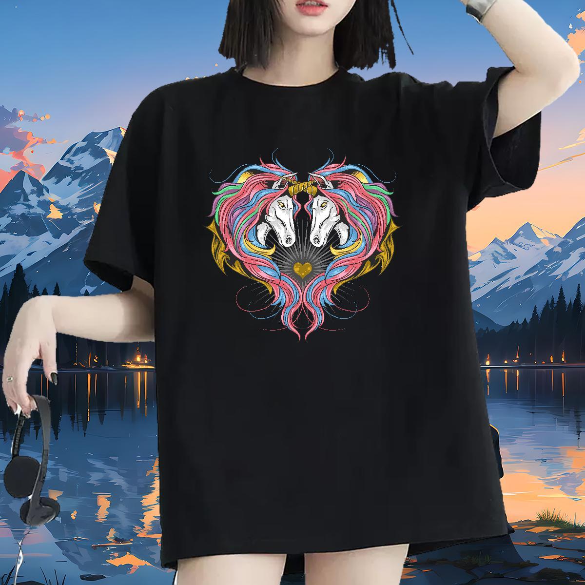 Loose Women T Shirts Breathable Crew Neck Women Tshirts DIY Anime Printed horse Street Wear 230g 100% Cotton Factory Direct Clothes Shirt