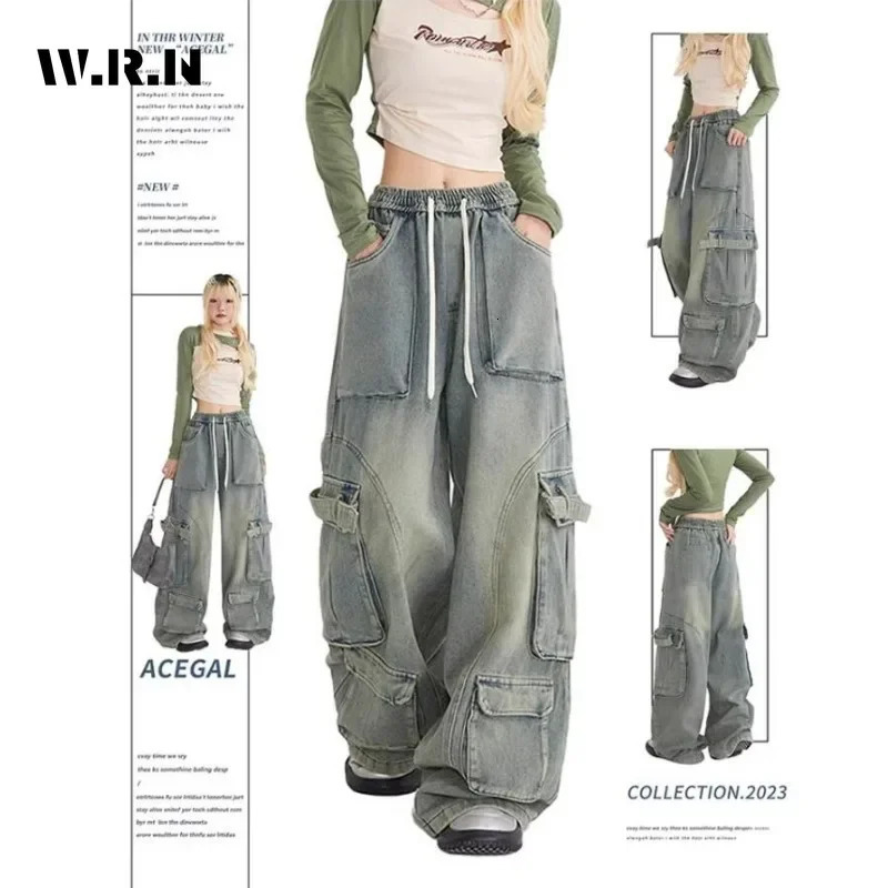 Vintage Casual Grunge Pocket High Waist High Street Blue Jeans Pants Women Drawstring Wide Leg Baggy Y2K Straight Denim Trouser 240806