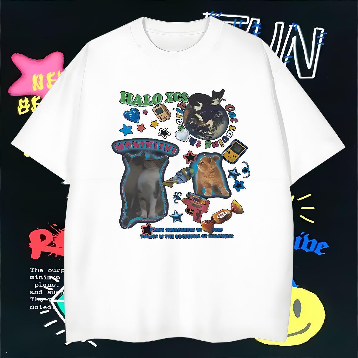 T Shirt For Man 230g 100% Cotton cat Street Breathable Short Sleeve Plus Size Cartoon Men Tops Tees 2024 Designer Cool Design Wear