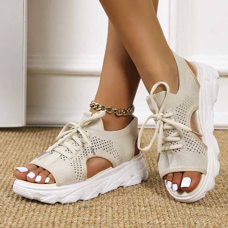 High Quality Womens Casual Sandals Summer Casual Breathable Mesh Open Toe Lace Up Sports Sandals New Outdoor Platform Knit Sandals 42 T241227