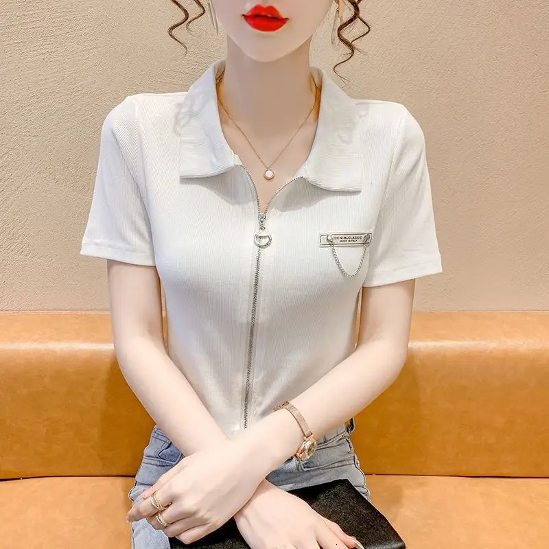 Women Summer Simplicity Slim Zipper Fashion Solid Color Polo-Neck Short Sleeve T-Shirt Ladies Trend All-match Appear Thin Tops 240806