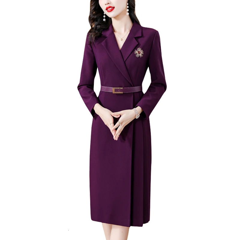 Spring Solid Color Suit Collar Long sleeved Straight Barrel Dress Womens Waist Belt Slimming Knee Length Dress 240806