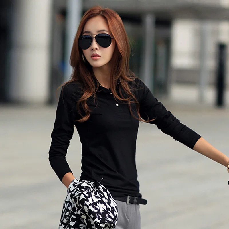Spring Autumn Casual Polo Women Long Sleeve Slim Polos Mujer Black White Red Tops Plus Size Lady T-Shirt Femme 95% Cotton 240806