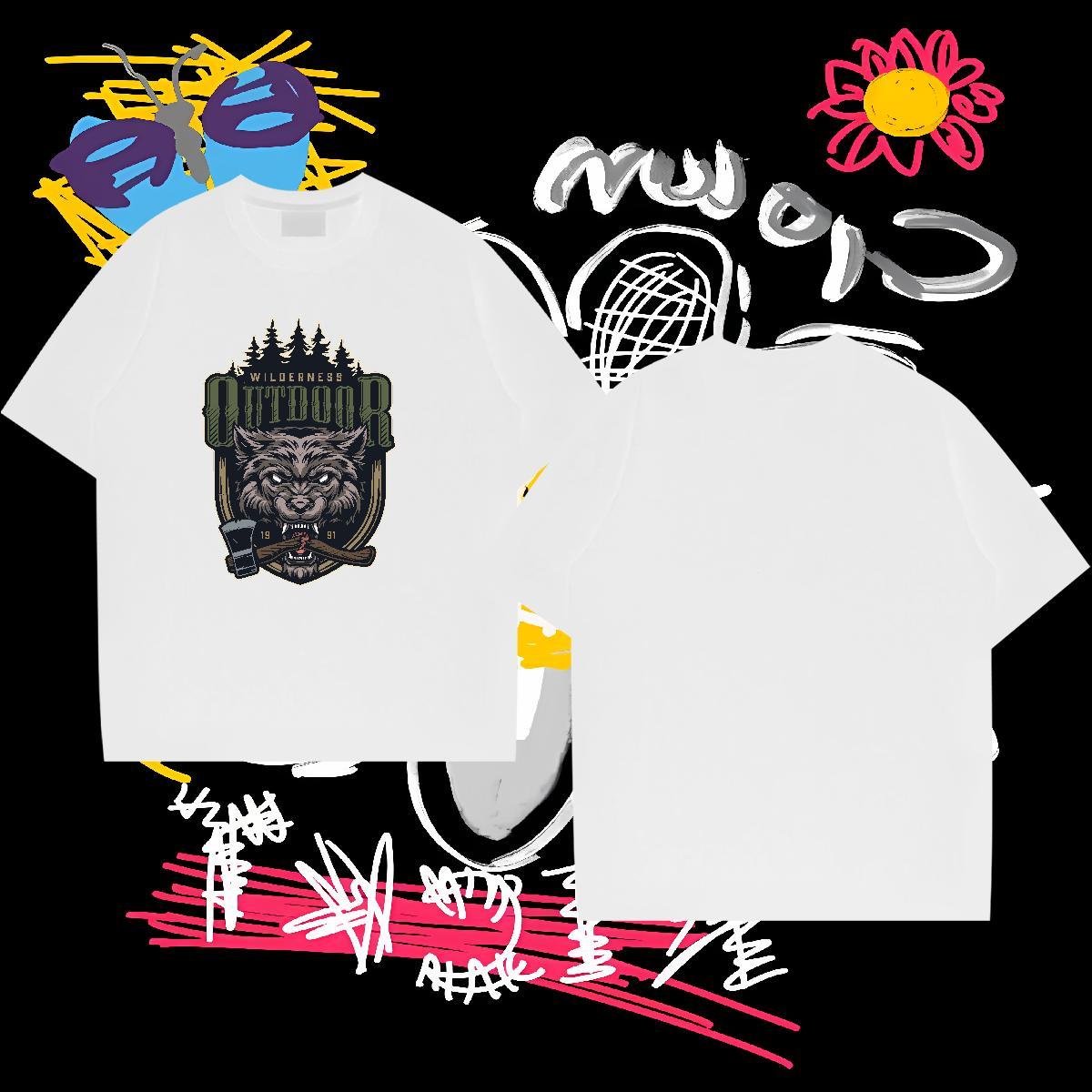 Classic Mens T Shirts 100% Cotton 230g wolf Casual Top Tees Breathable Short Sleeve Wholesale Tshirts Custom Print Plus Size