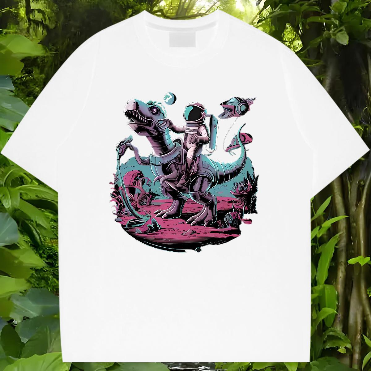 Casual New T Shirts Men 230g Cotton dinosaur Hip Hop Tops Breathable Soft High Quality Mens Tshirts Oversized