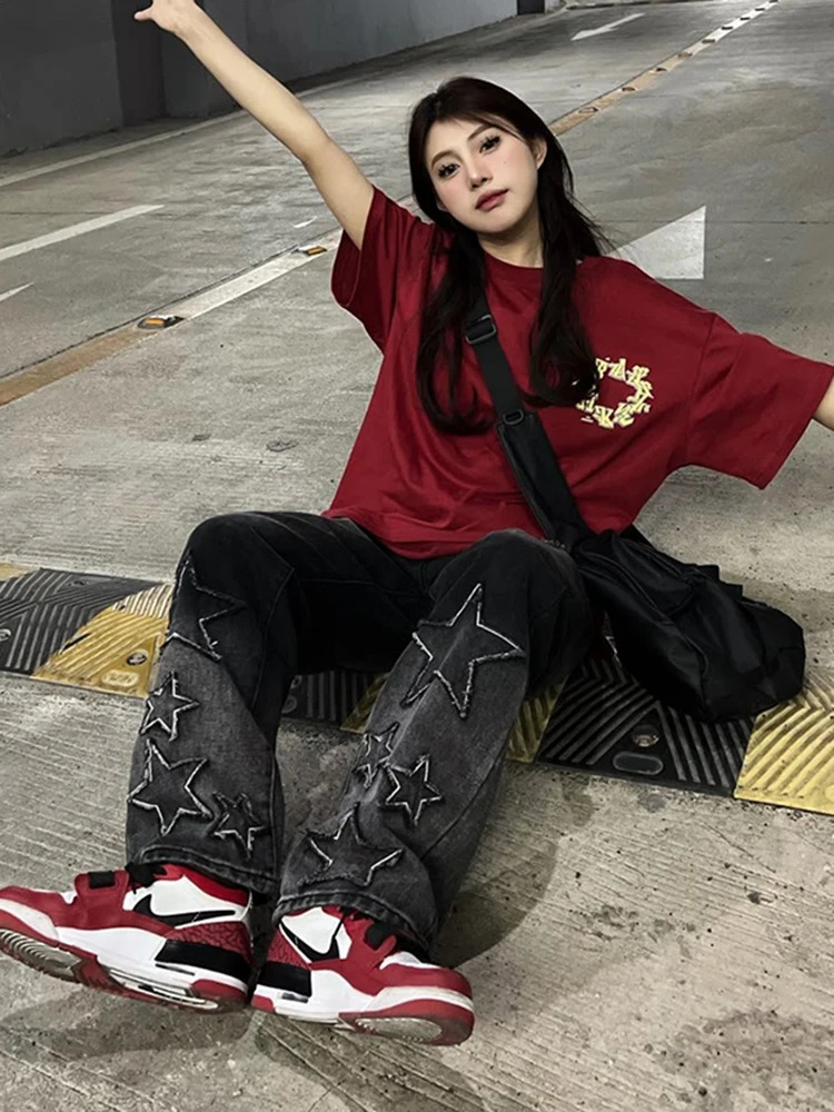 Womens Black Gothic Baggy Cargo Jeans with Star Harajuku Y2k 90s Aesthetic Denim Trousers Emo 2000s Jean Pants Vintage Clothes 240806