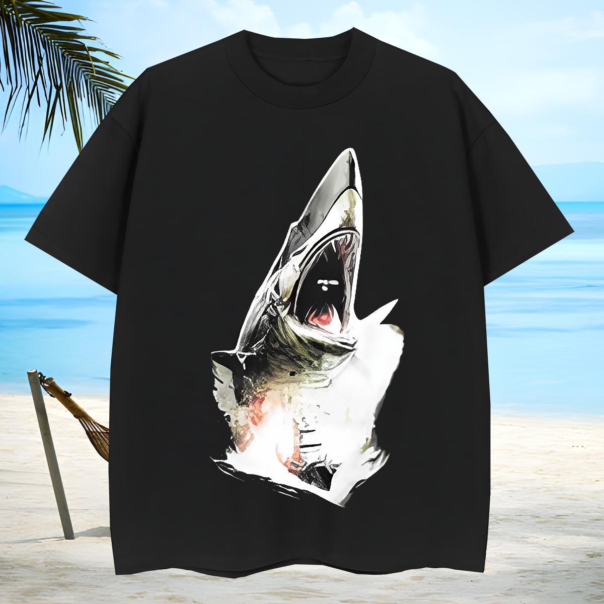 Cool Design Men Tops Tees 230g Pure Cotton shark T Shirts Men Casual Short Sleeve O-Neck White Plus Size Casual New Tops Shirt