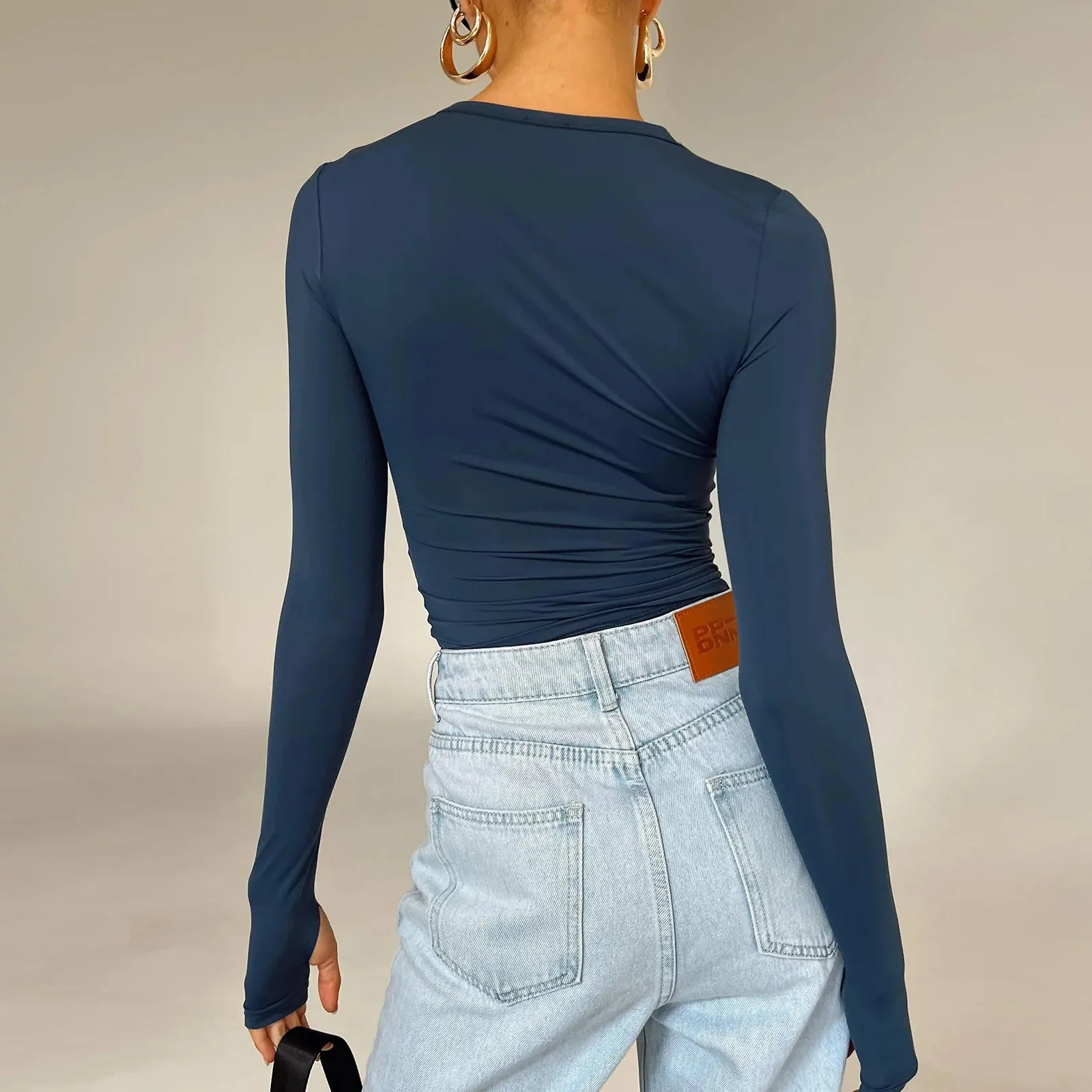 Women Long Sleeve Solid T-Shirt Slim Fit Casual Spring Autumn Pullovers Y2K Streetwear Cropped Bottoming Shirt Skinny Tops 240806