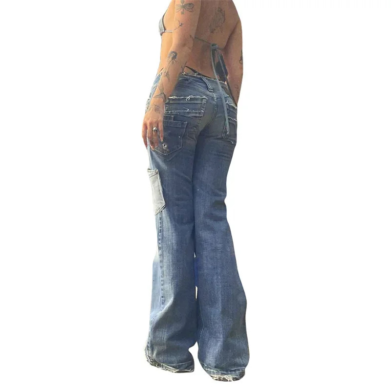y2k Star Jeans Women Fairy Grunge Aesthetic Low Waist Flared Pants with Pockets Spring Fall Trousers 2000s Streetwear 240806