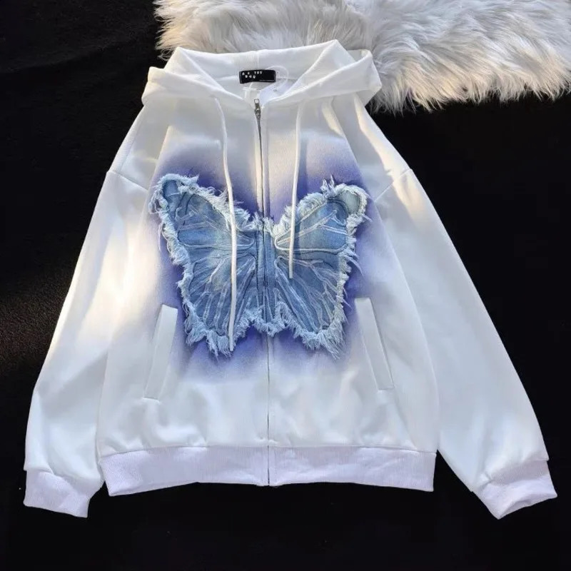 Vintage Denim Butterfly Embroidery Patchwork Tops Women Autumn Loose Long Sleeve Pullovers Y2k Street Hoodies Couple Sweatshirt 240805