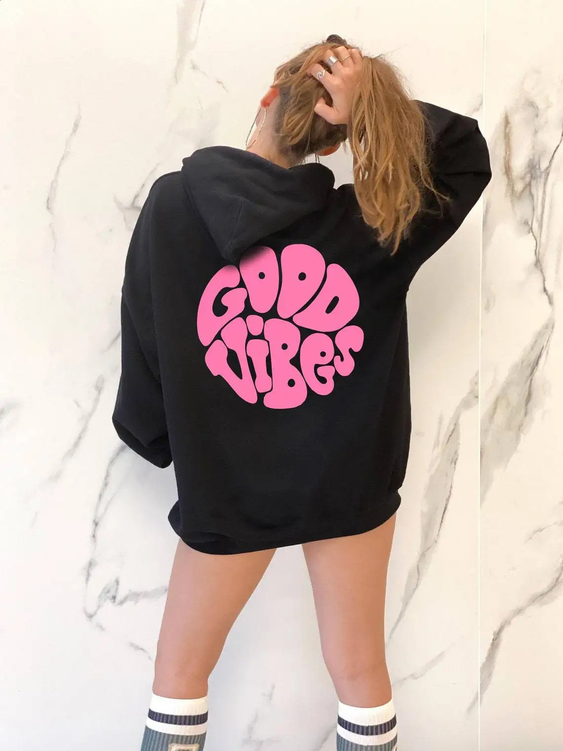 Women GOOD VIBES ONLY Letter Printed Zip Up Hoodie Harajuku Streetwear Long Sleeve Loose Sweatshirt Jacket Hip Hop Y2k Clothes 240806