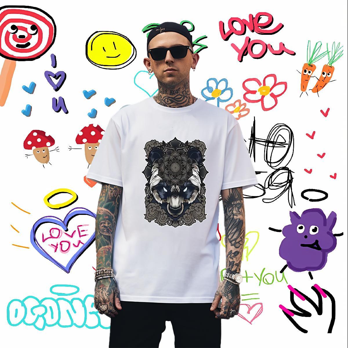 T Shirts Men 230g Cotton wolf Daily Outfit Short Sleeve O-Neck Customized Print Mens Tshirts Fashion Unisex Tops Shirt