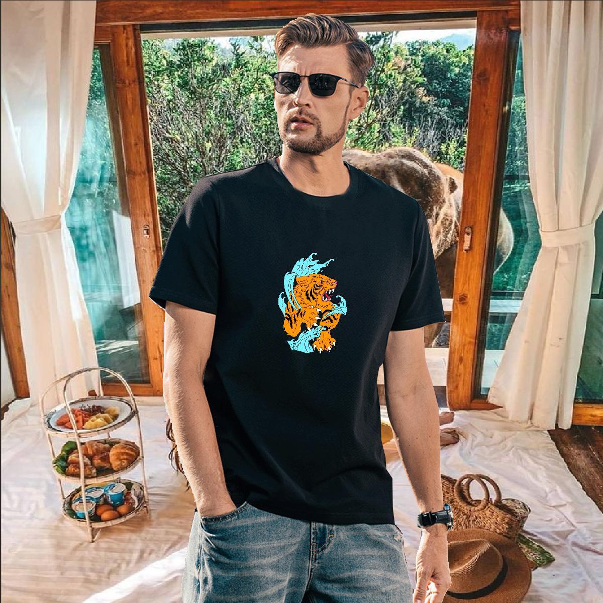 DIY Men T Shirts 100% Cotton 230g tiger Casual Beach Tops Shirt Round Neck Short Sleeve Free Shipping Men Tees Oversized