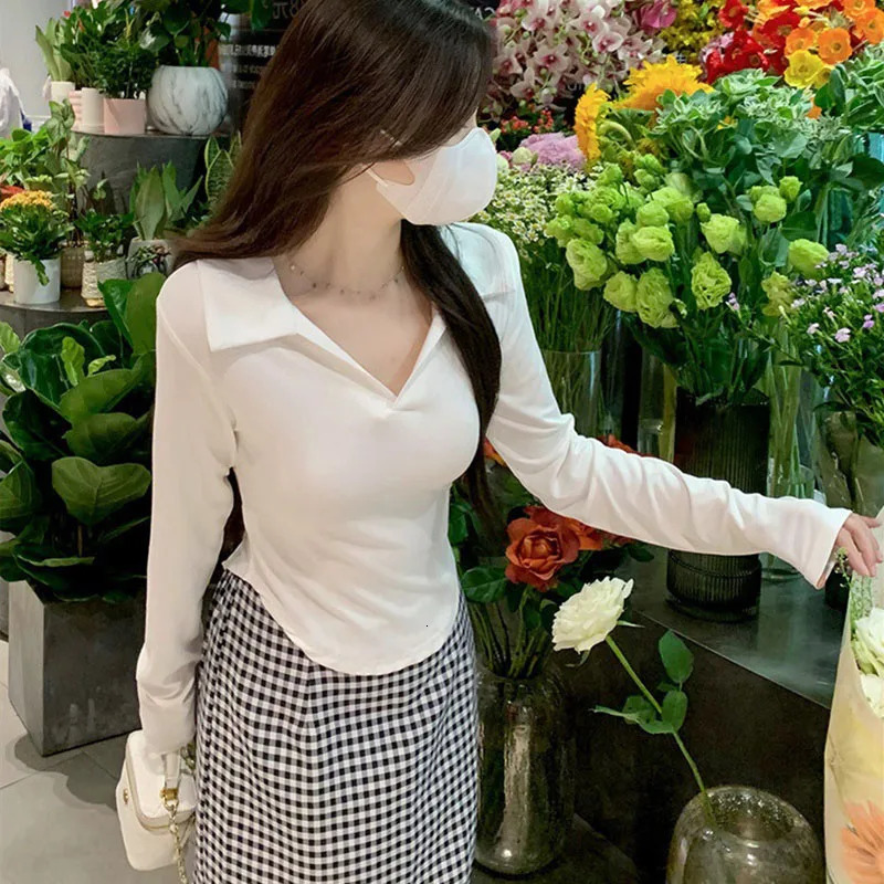 Spring and summer polo neck short sleeved T-shirt white long sleeved slim fit casual shirt womens zipper basic T-shirt 240827