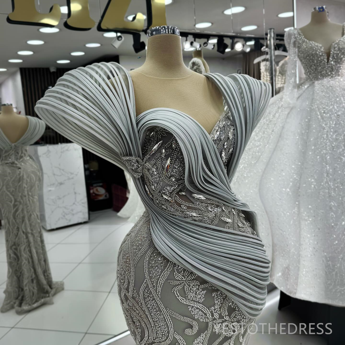 2024 Plus Size Silver Prom Dress Mermaid Promdress Evening Formal Gowns Illusion Beaded Lace Spaghetti Straps Birthday Party Dress Second Reception Go