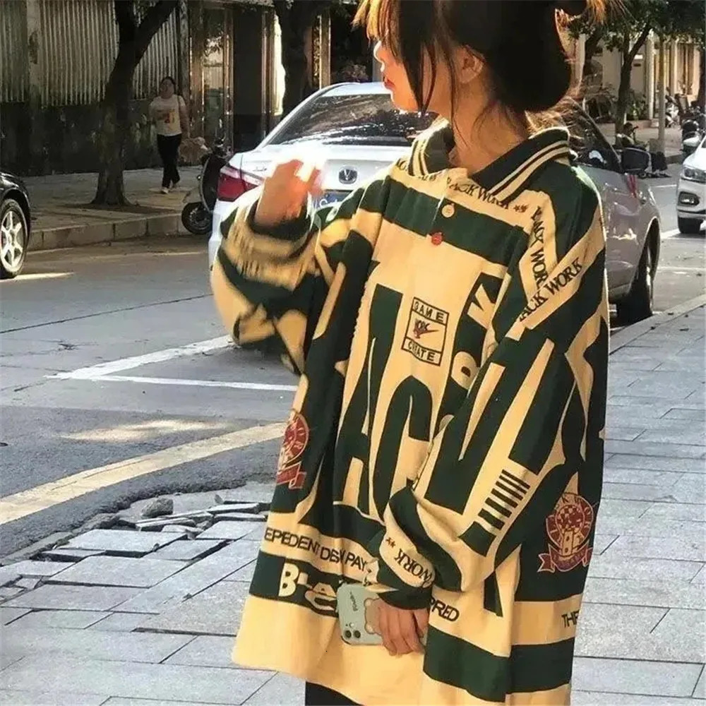 High Street Y2k Loose Vintage Oversized Polo T-shirt Women Letter Print Harajuku Goth Blouses Baggy Long Sleeve Fashion Chic Top 240806