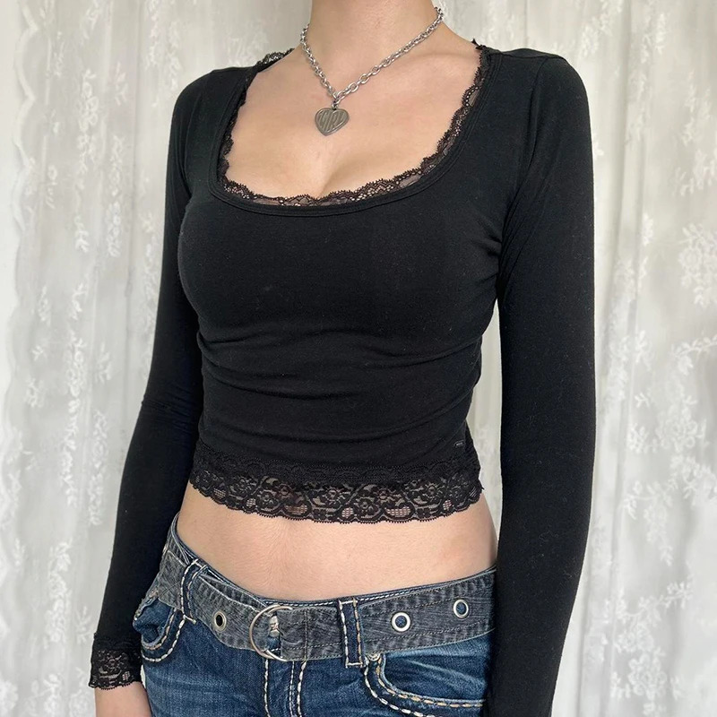CIBBAR Vintage Lace Stitched Black Crop Top Women Basic Skinny Long Sleeve Solid T Shirt Autumn Winter Casual Tee Shirt y2k 240806