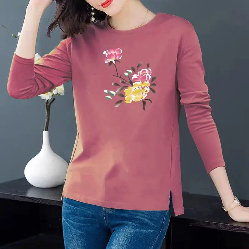 Long Sleeve Tees Shirt Women Tunic Tops Loose Casual Female T Shirt Clothes Split Plus Size Ladies Round collar Graphic Pullover 240806