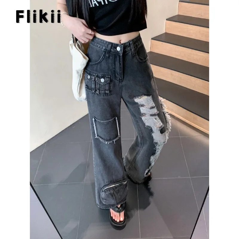Womens Y2K Baggy Japanese 2000s Denim Trouser Washed Vintage Casual Pants High Street Retro High Waist Trashy Ripped Jeans 240806