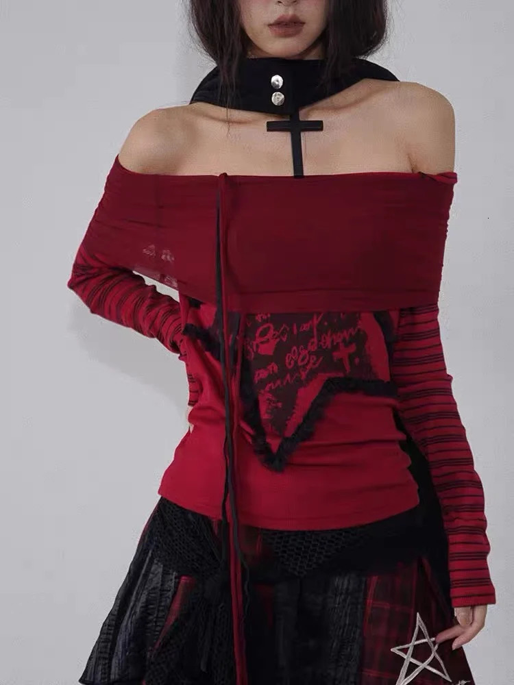 DEEPTOWN Japanese Y2k Off Shoulder T-shirt Women Harajuku Gothic Long Sleeve Vintage Red Stripe Star Graphic T Shirts Grunge 240806