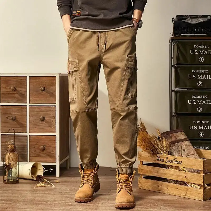 Fashion Solid Color Multiple Pockets Mens Cargo Pants Highquality Loose Streetwear Casual Straight Cylinder Ninth 240806