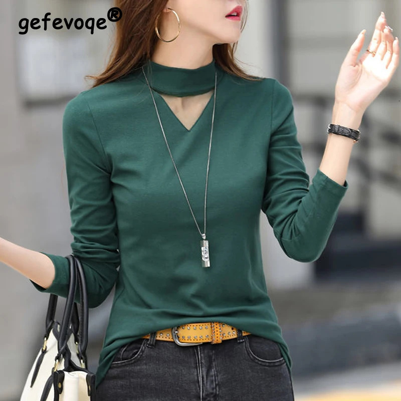 Women Korean Fashion Sexy Hollow Out Elegant Half High Collar Basic T-shirts Female Casual Solid Slim Long Sleeve Pullover Tops 240806