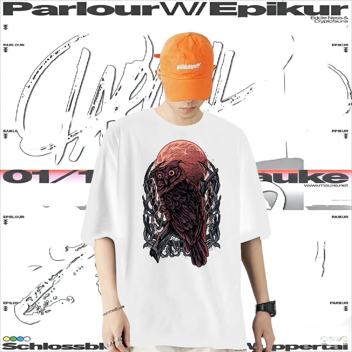 2024 Summer T-Shirts 230g Pure Cotton Owl Home Outdoor Wear Breathable Soft Popular Men Tees Skull