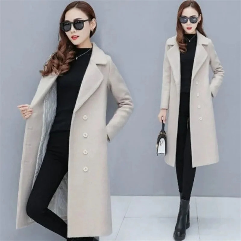 Female Woolen Coat Velvet Womens Double-Breasted Woolen Coat Spring And Autumn Woolen Coat Fashion Suit Collar ThickTrench 240822