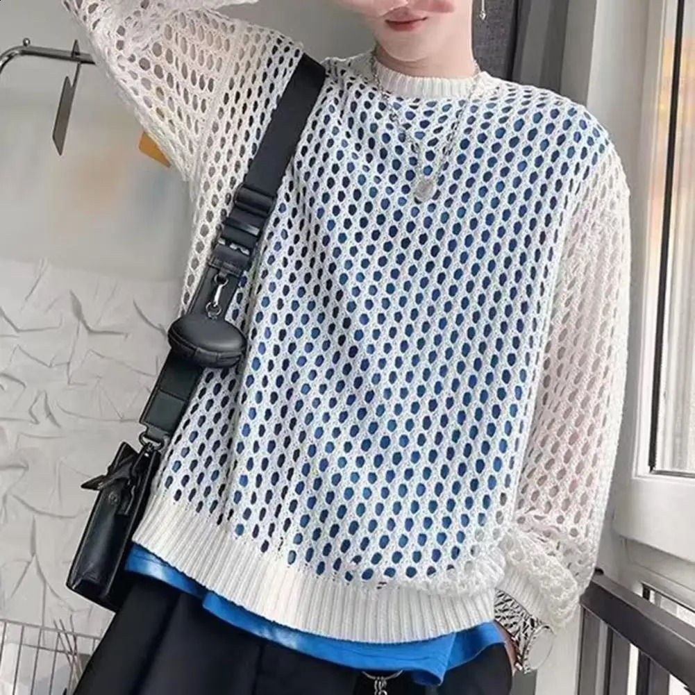 Comfortable Men Shirt Mens Hip Hop Mesh Fishnet Clubwear Top Solid Color Round Neck Long Sleeve Seethrough Pullover for y240812
