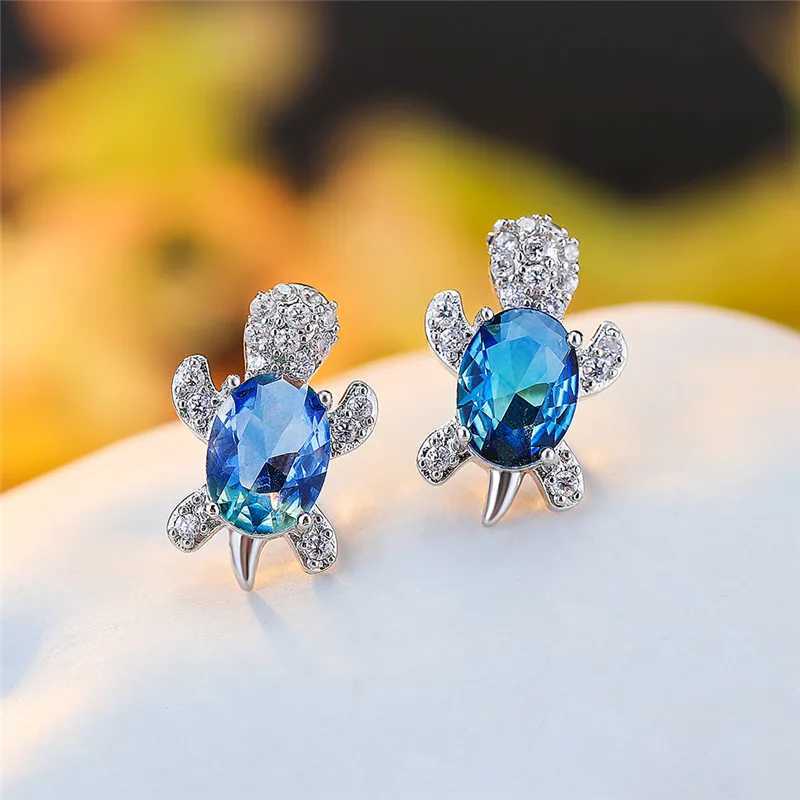 Blue purple oval gradient zircon rainbow stone turtle stud earrings womens fashion jewelry multi-color crystal animal earrings W240803