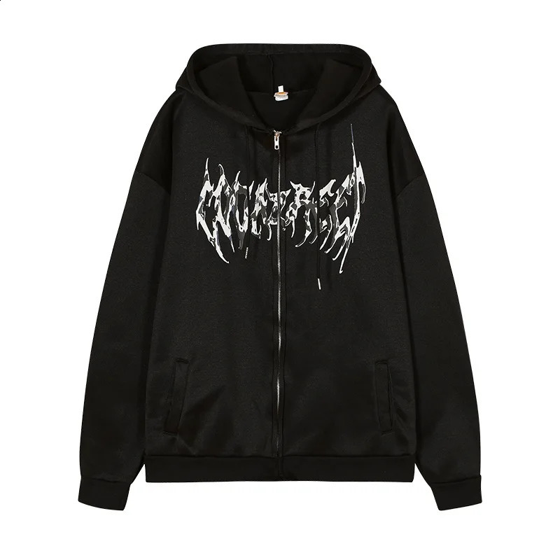 Gothic Graphic Print Jackets Women Y2K Zip Up Hoodies Streetwear Sweatshirts Hip Hop Tops Loose Harajuku Casual Coats 240806