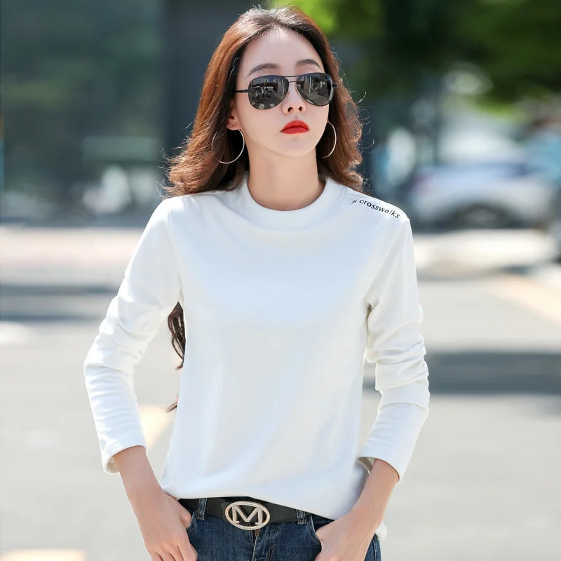 #0317 Autumn Winter Skinny T Shirt Women Warm Thick Casual T Shirt Femme O-neck Embroidery Letters Womens T-shirt Long Sleeves 240806