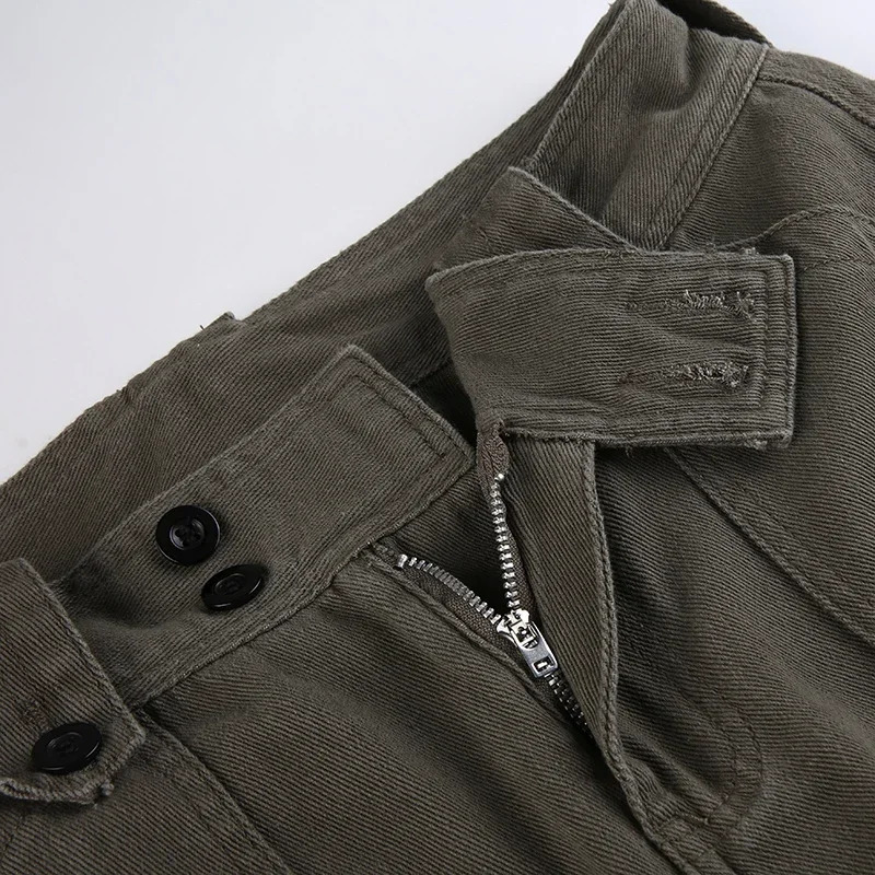 Button Low Waist Y2K Denim Pants Women Pockets Stitching Straight Cargo Pants Vintage Casual Gray Streetwear Jeans 240806