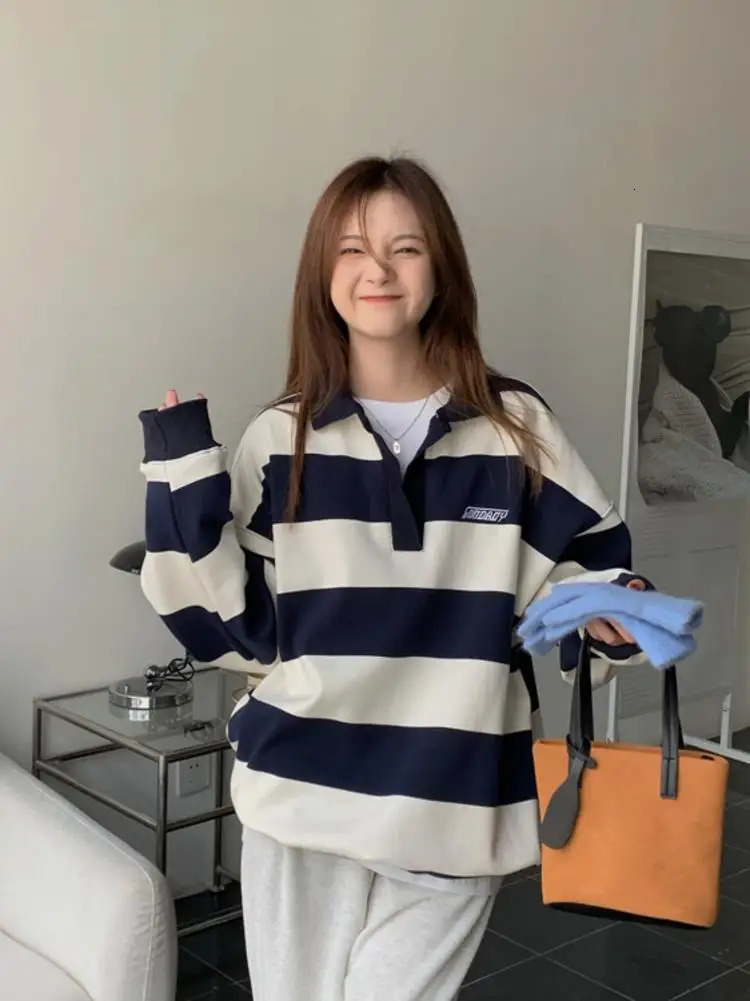 Harajuku Striped Sweatshirt Women Korean Style Preppy Pullover Female Fashion Polo Sweatshirt Ladies Casual Long Sleeve Top 240806