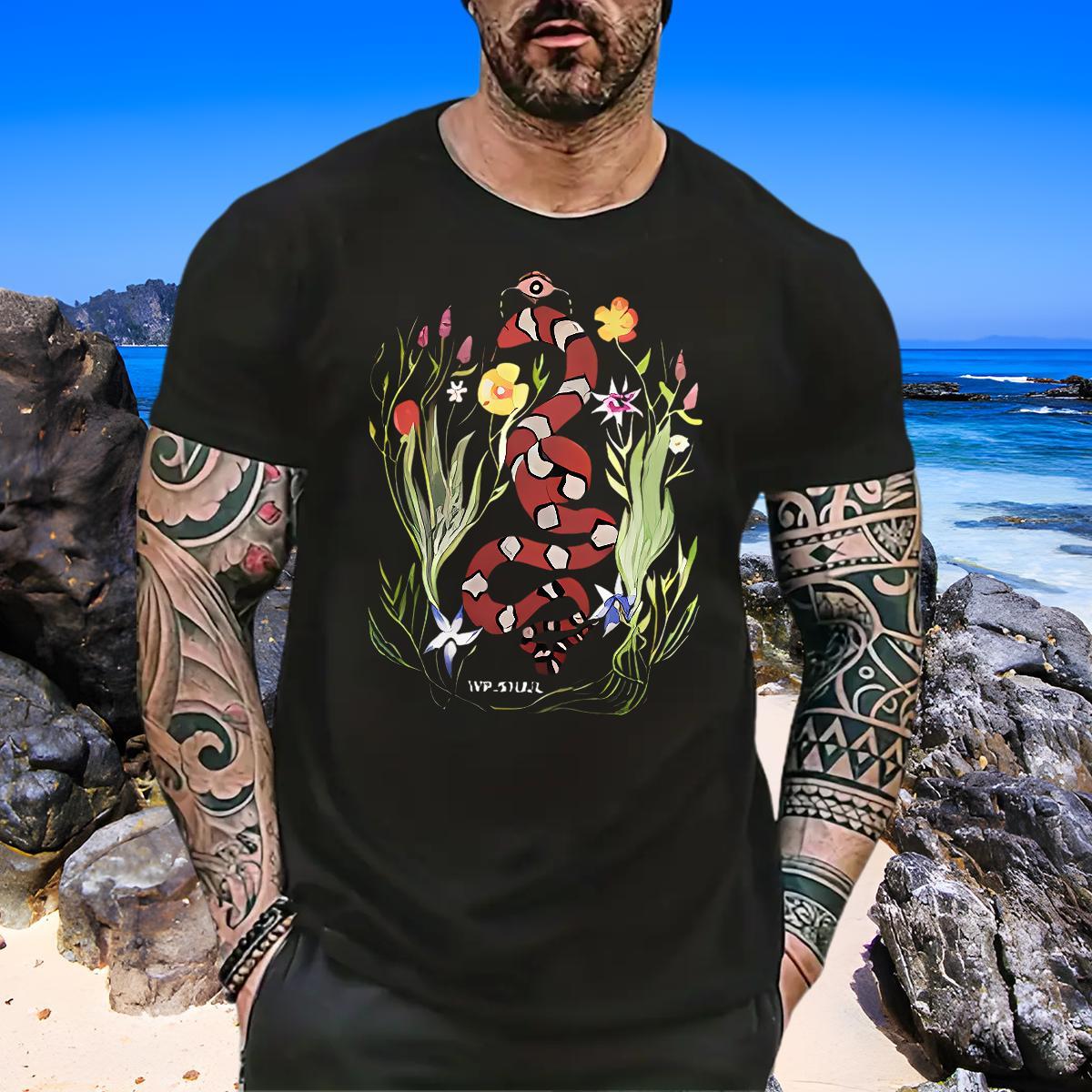 Brand Men Tees 100% Cotton 230g snake T-Shirts Beach Breathable Short Sleeve Cartoon Printing L-4XL New Clothes