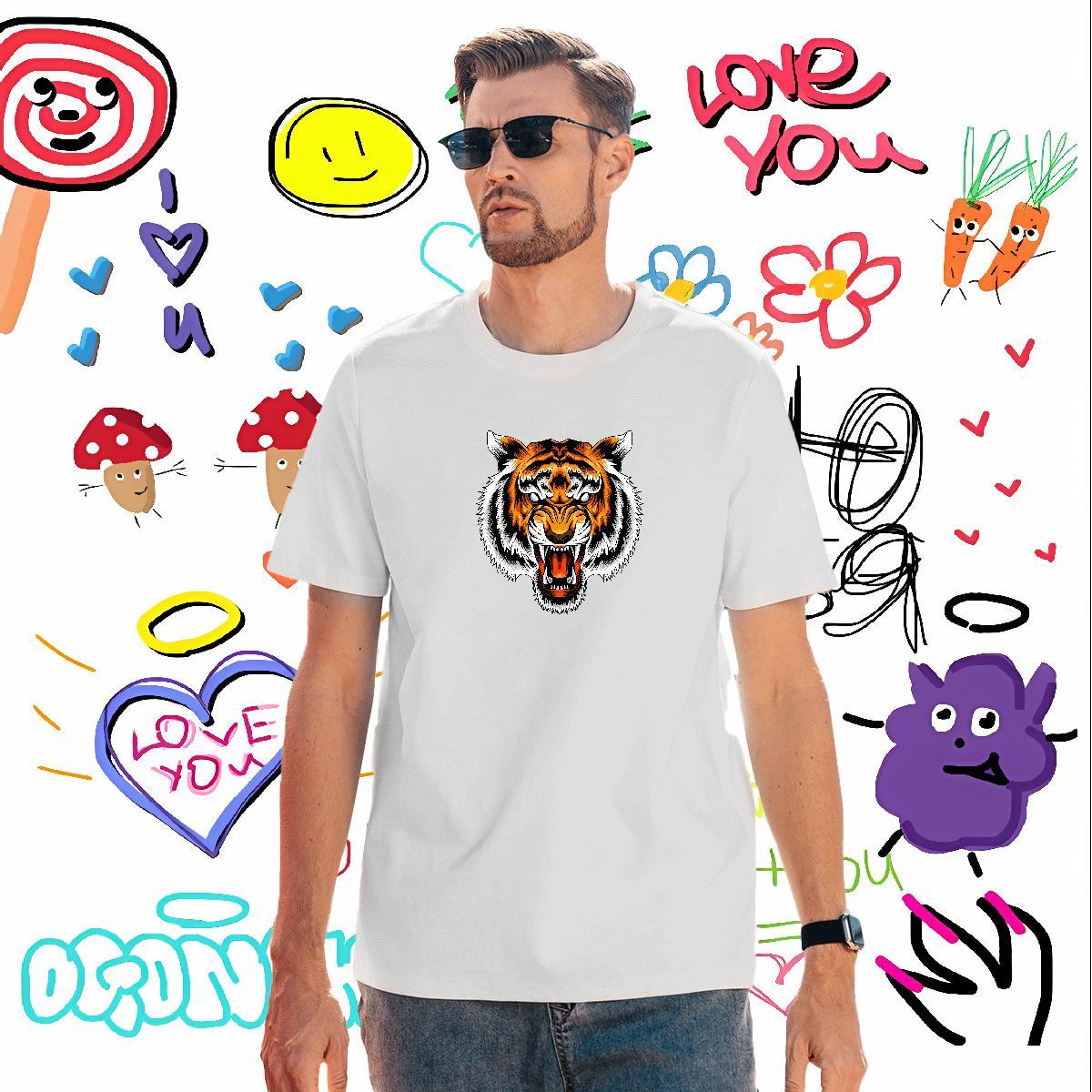 Men T Shirts 100% Cotton 230g tiger Beach Breathable Crew Neck Anime Men Clothes T-Shirt Custom Cool Design Tshirts