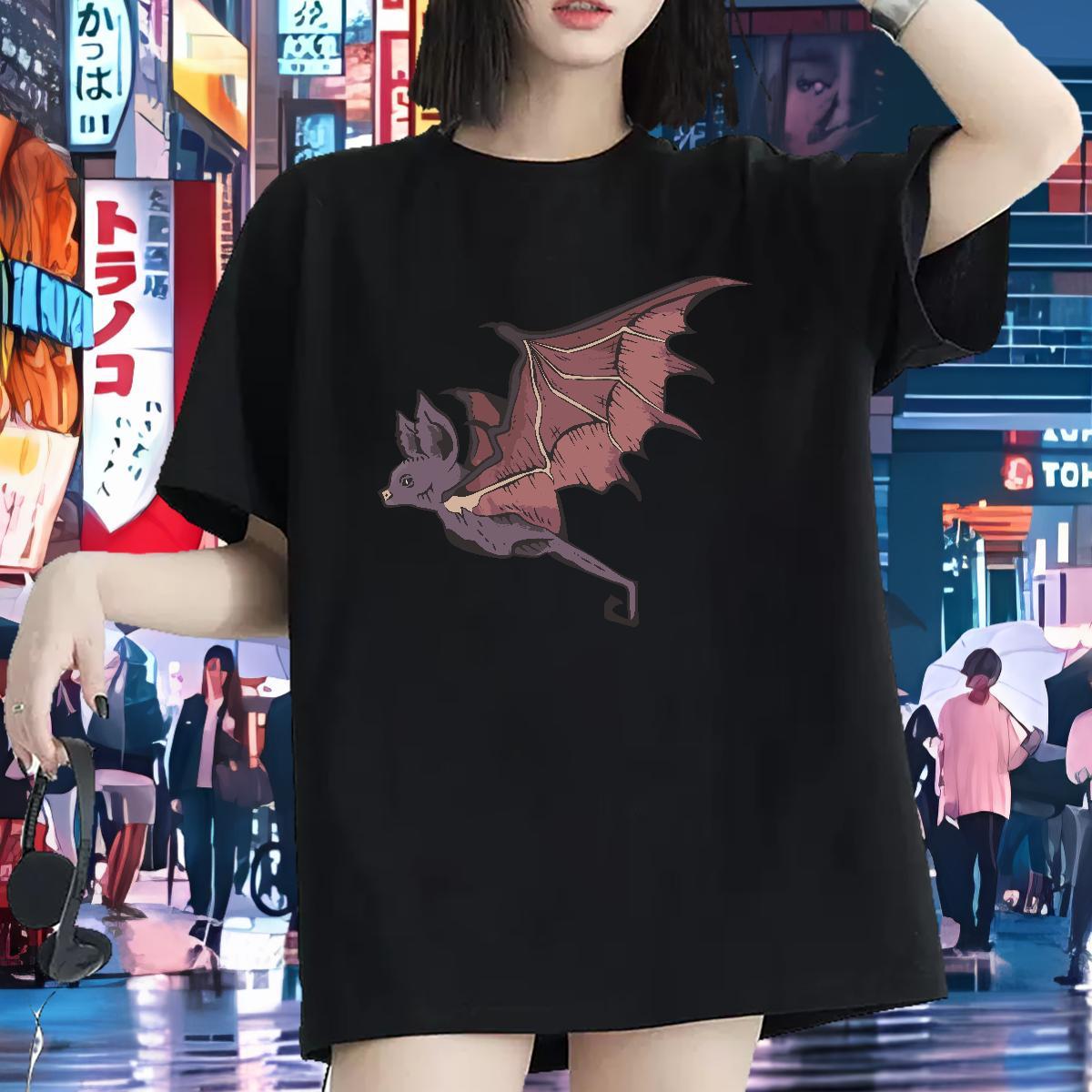 Soft Womens T Shirts Short Sleeve O-Neck Womens Tshirts Cartoon Print bat High Street Hip Hop 100% Cotton 230g 2024 Casual Top Shirts