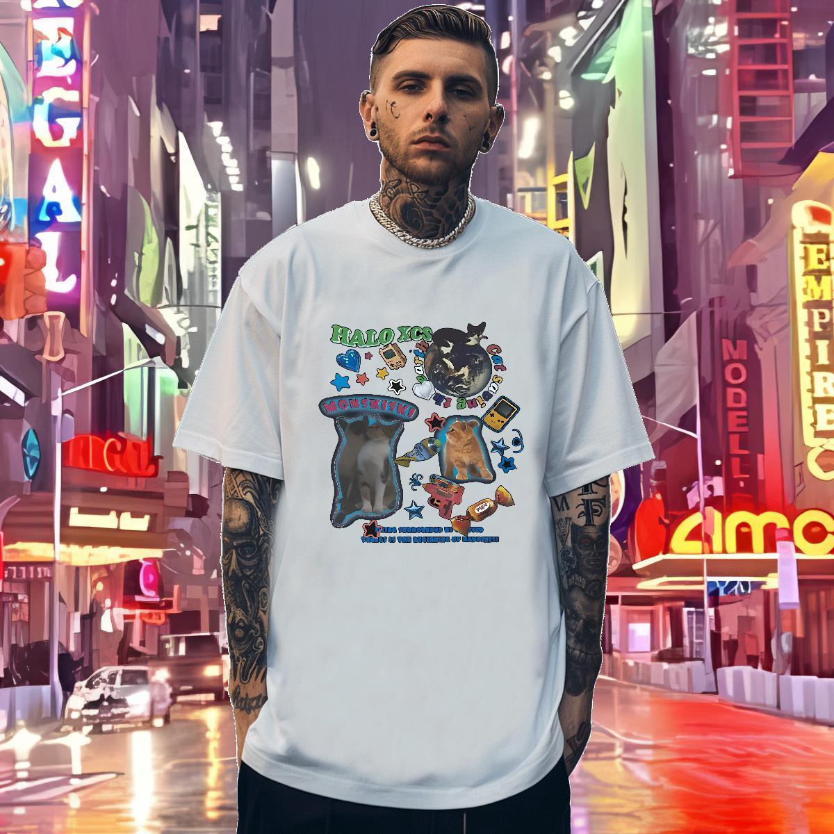 Man T Shirts 230g Pure Cotton cat Street Casual Crew Neck Breathable Plus Size Cartoon Mens Tshirts DIY Customized Cool Design Clothings