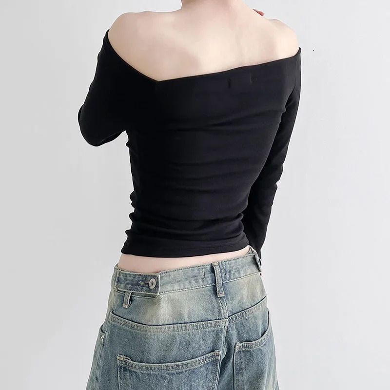 CIBBAR Solid Slash Neck Crop Top Women Off Shoulder Long Sleeve Skinny T-shirt Harajuku y2k Femme Clothing Autumn Casual Shirts 240806