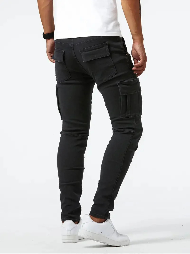Street Elastic Jeans Men Denim Cargo Pants Wash Solid Color Multi Pockets Casual Mid Waist Trousers Slim Fit Daily Wear Joggers 240806