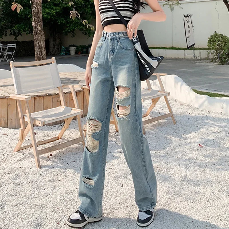 Straight-leg Jeans Womens High-waisted Slimming Stretchy Versatile Loose-fit Wide-leg Draped Pants Summer Arrival 240806